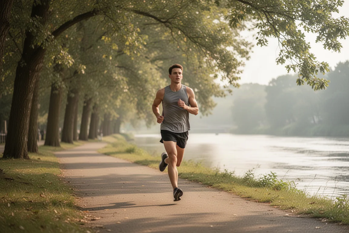 Runner che corre a ritmo facile lungo un sentiero fluviale