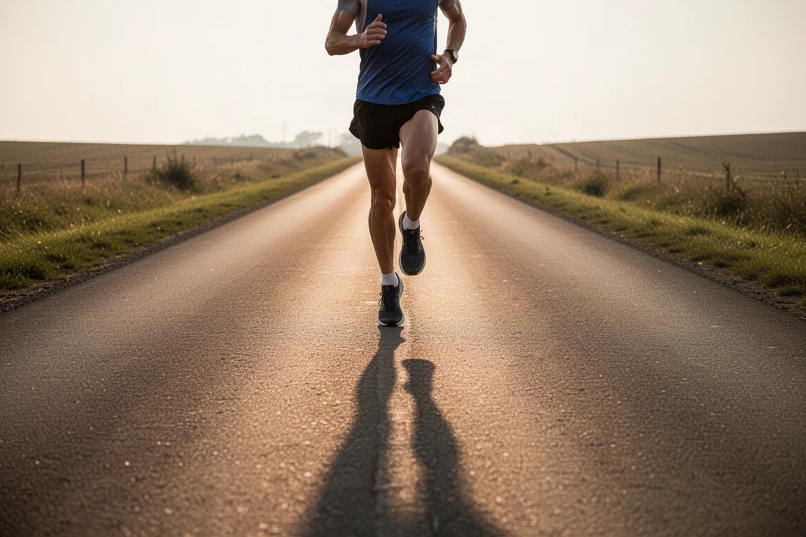 Runner a metà stride su una lunga strada di campagna durante l'allenamento per la maratona