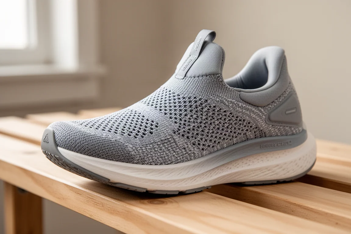 Empeine de malla de un zapato de running mostrando acolchado y tejido flexible