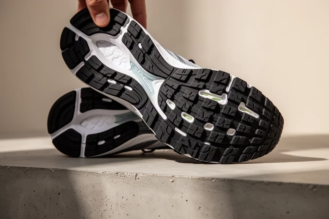 Suela de goma gruesa de un zapato de running mostrando el dibujo del tacón