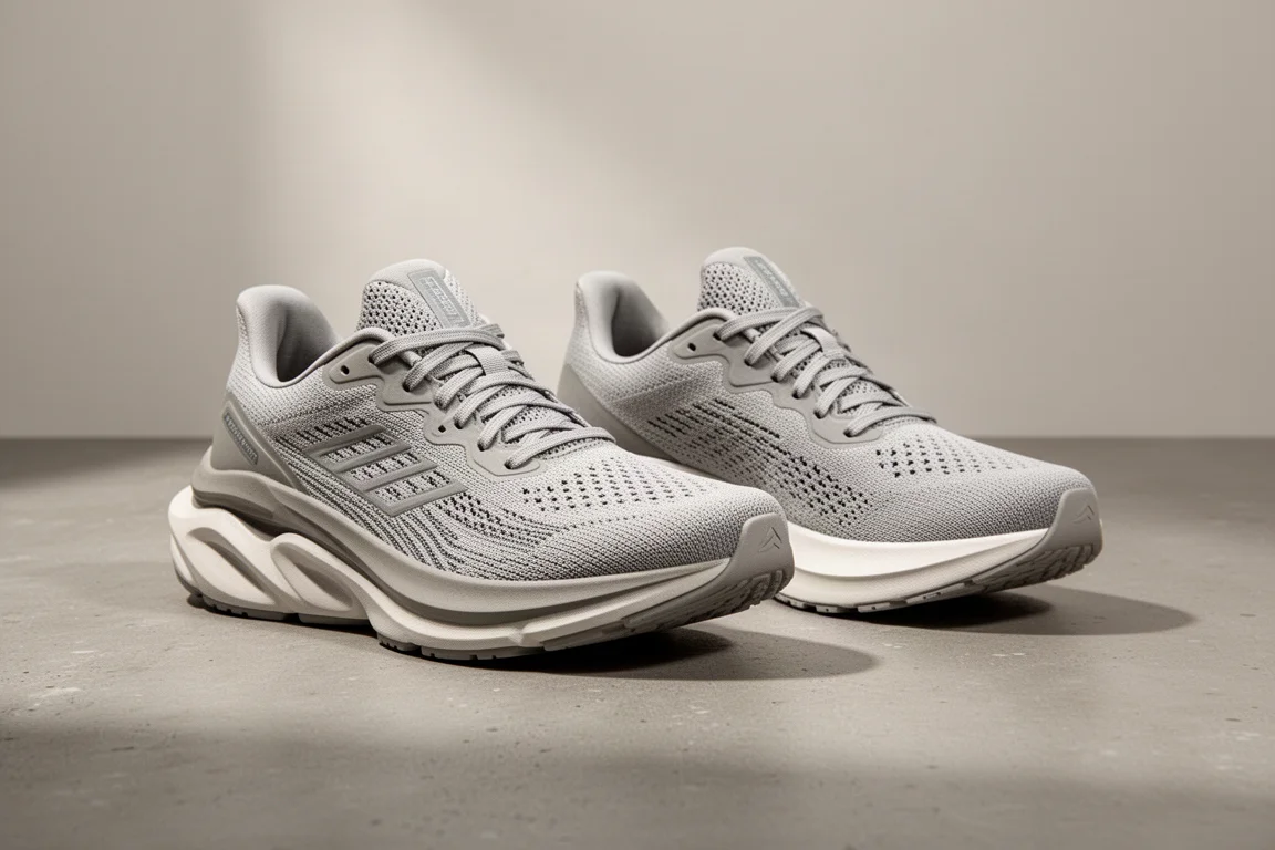 Two neutral road running shoes side by side on a concrete surface