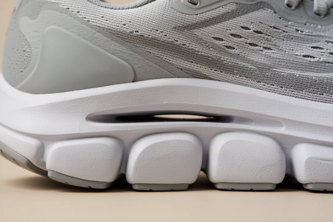 Primer plano de la mediasuela de una zapatilla de running con una profunda ranura desacoplada que separa talón y antepié