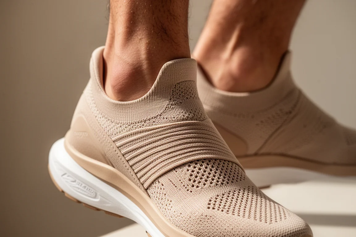 Primer plano de un empeine elástico de una pieza envolviendo el mediopié de una zapatilla de running