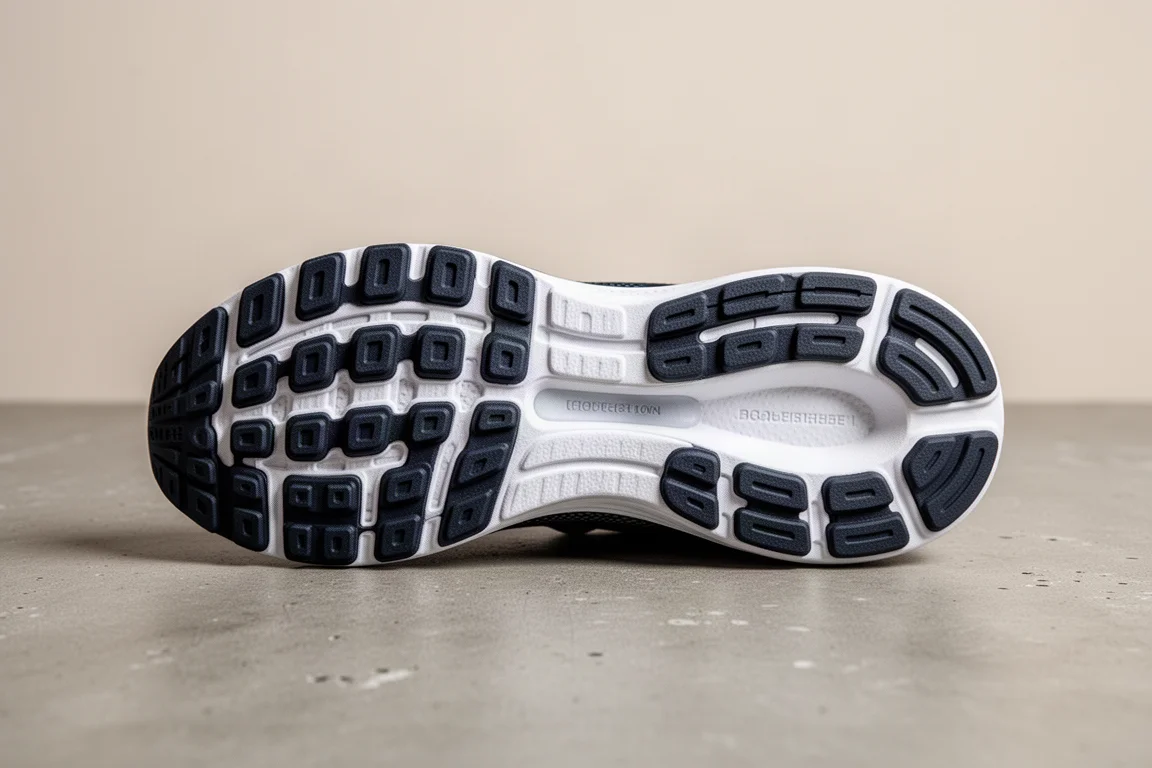 Thick outsole rubber on a running shoe gripping wet road surface