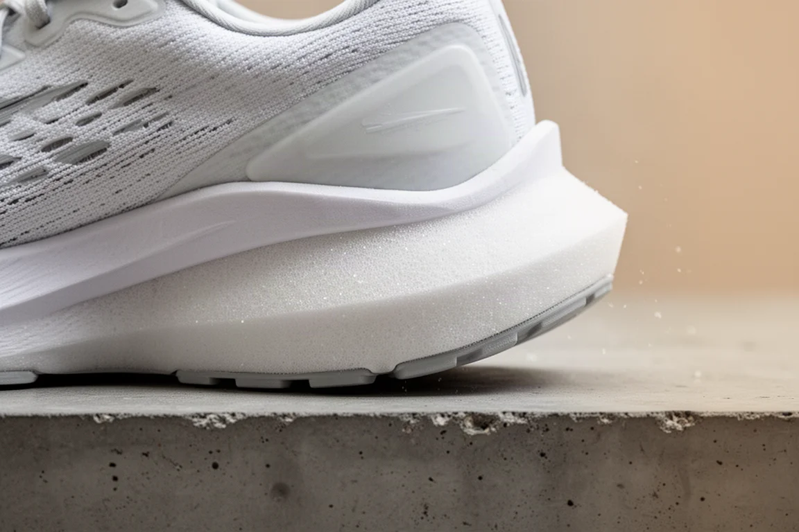 Primer plano de una mediasuela de zapatilla de running acolchada comprimiéndose sobre una superficie