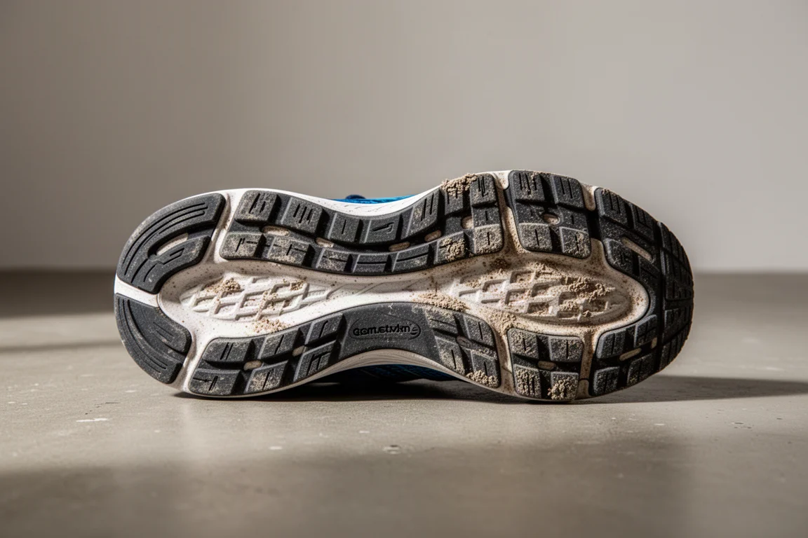 Suela exterior desgastada de una zapatilla de running mostrando la tracción tras muchos kilómetros