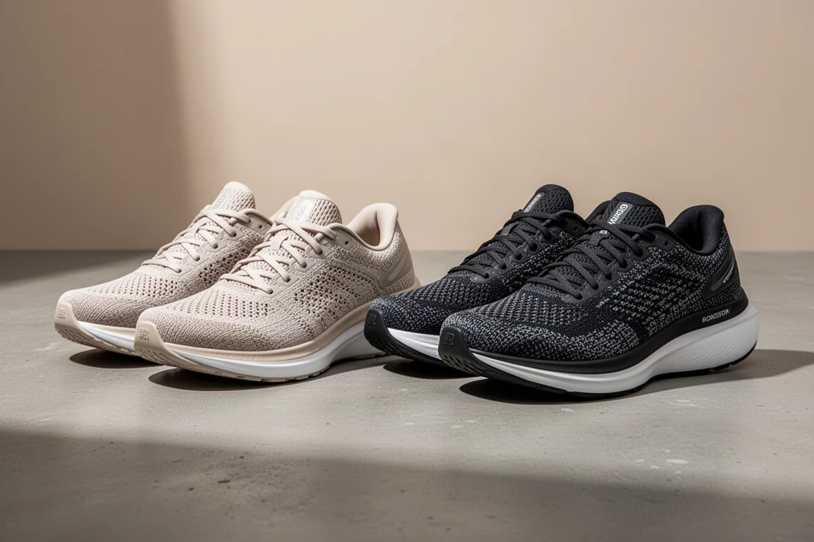 Two versions of Brooks stability running shoes side by side on concrete