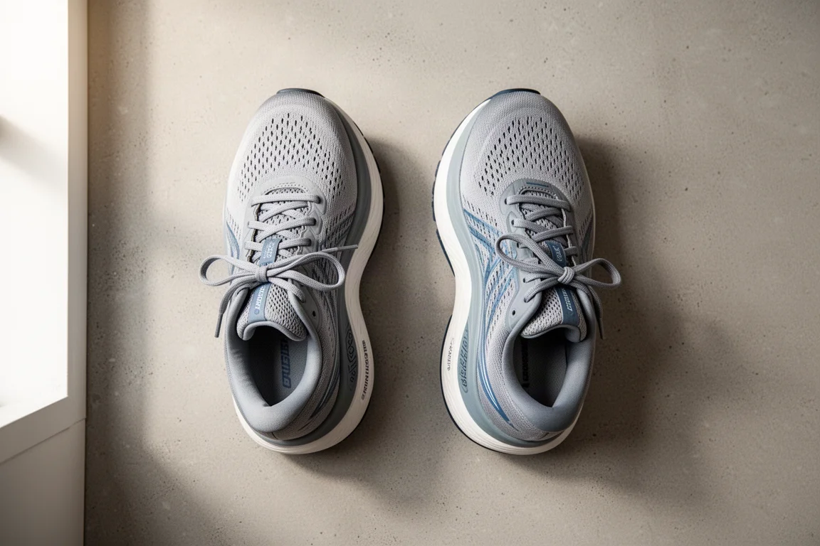 Dos zapatillas de running colocadas lado a lado sobre una superficie neutra de estudio para compararlas