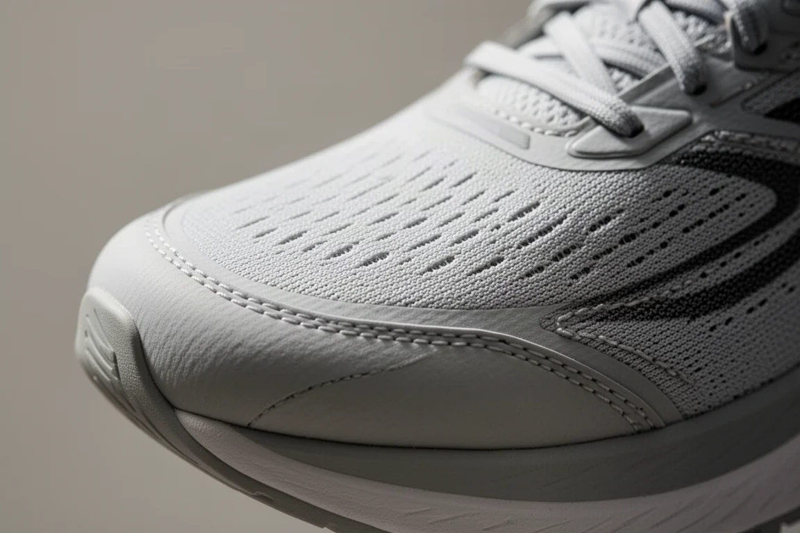 Primer plano de la puntera de una zapatilla de running mostrando su forma y las costuras del empeine