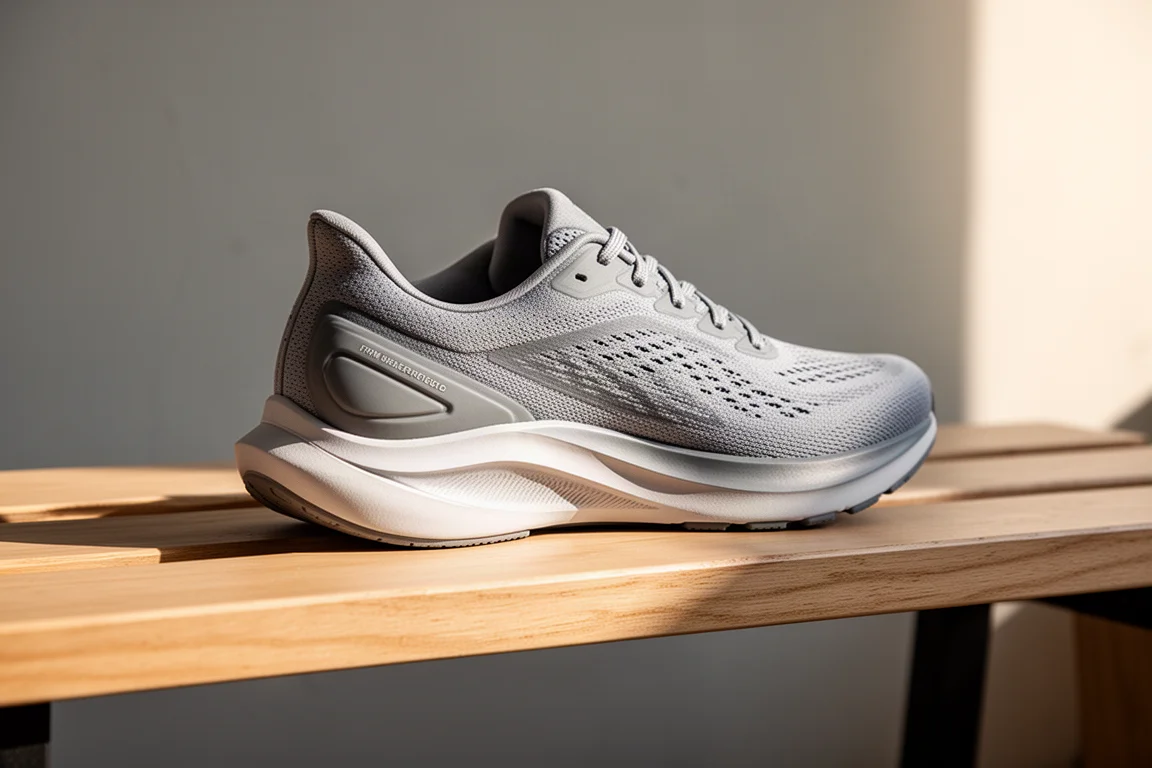 Primer plano del talón y el lateral de la mediasuela de una zapatilla de running sobre un banco de madera