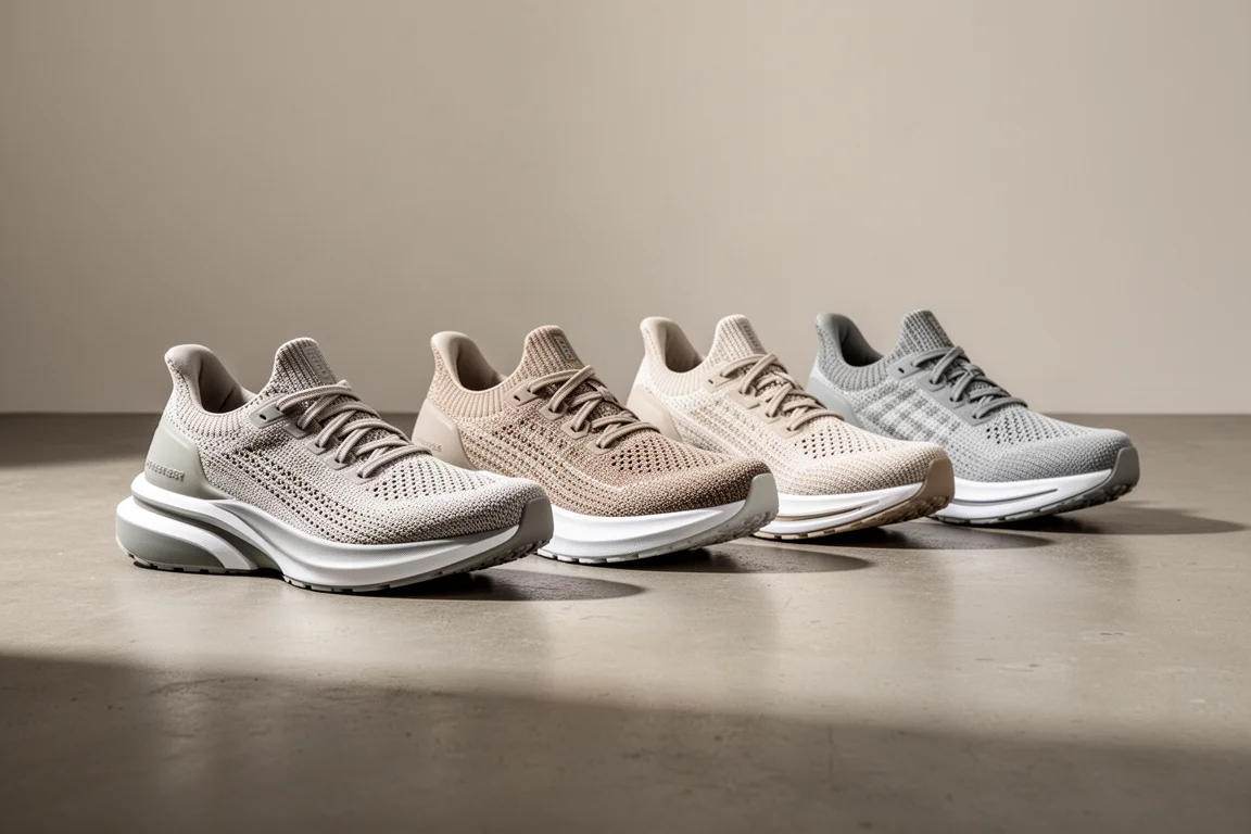 Four Brooks Glycerin running shoes in a row on a concrete studio floor