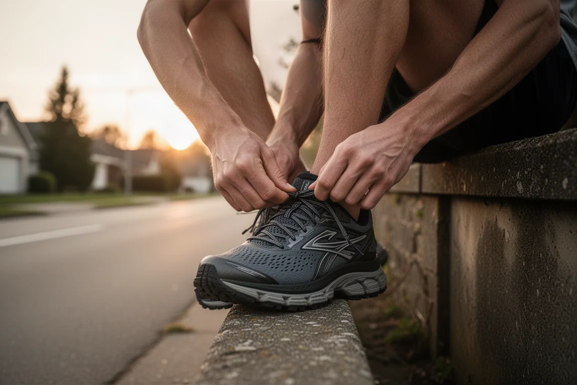 Runner tying laces on a thick-soled running shoe on a quiet road