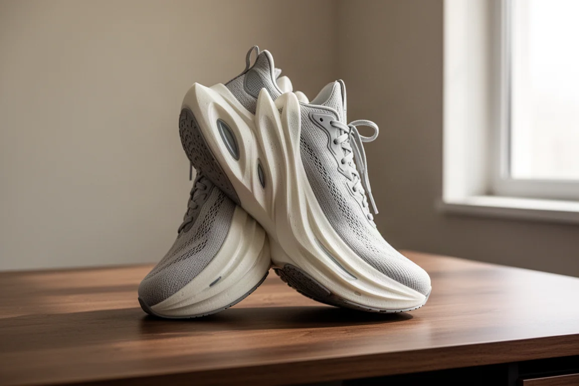 Detail shot of a tall midsole stack with visible foam layering