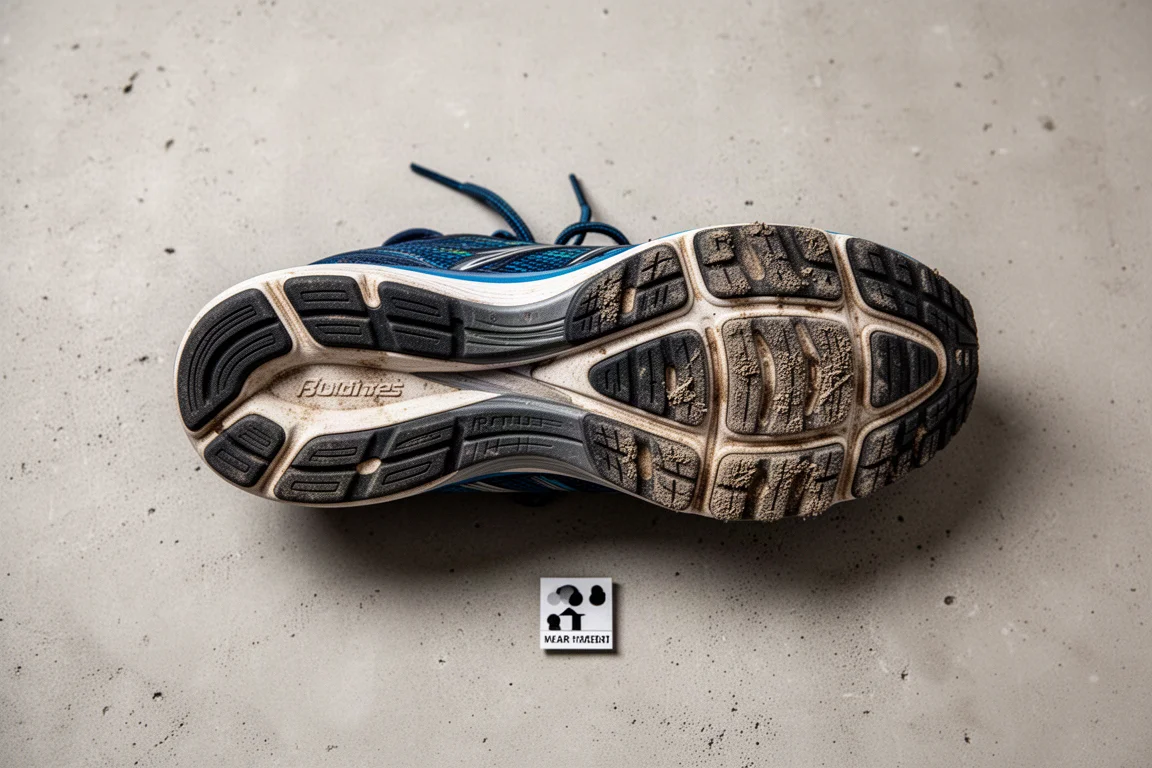 Outsole of a running shoe showing minimal wear after many miles