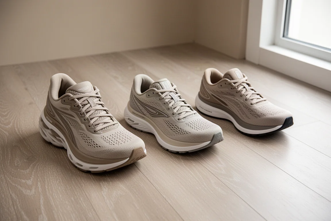 木の床に3足のランニングシューズが横一列に並んでいる