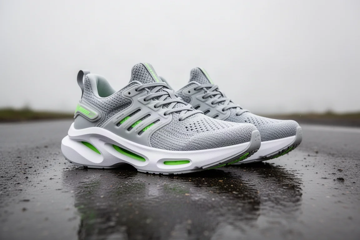 Pair of white and grey max-cushioned running shoes on wet tarmac