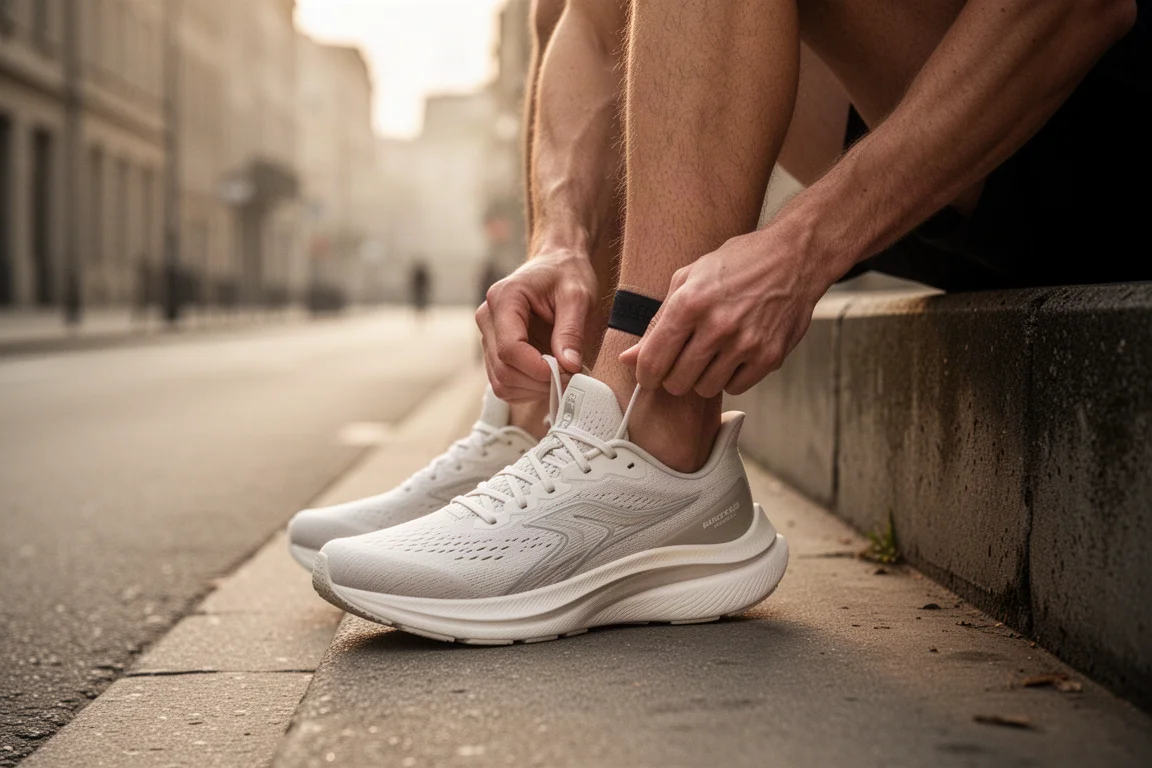 Runner walking along a wet city pavement in plush running shoes on an autumn morning
