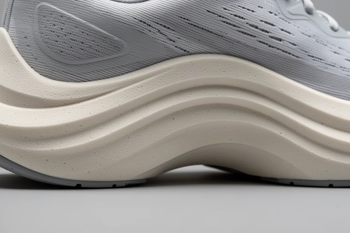 Close-up of a thick nitrogen-infused running shoe midsole showing layered foam density