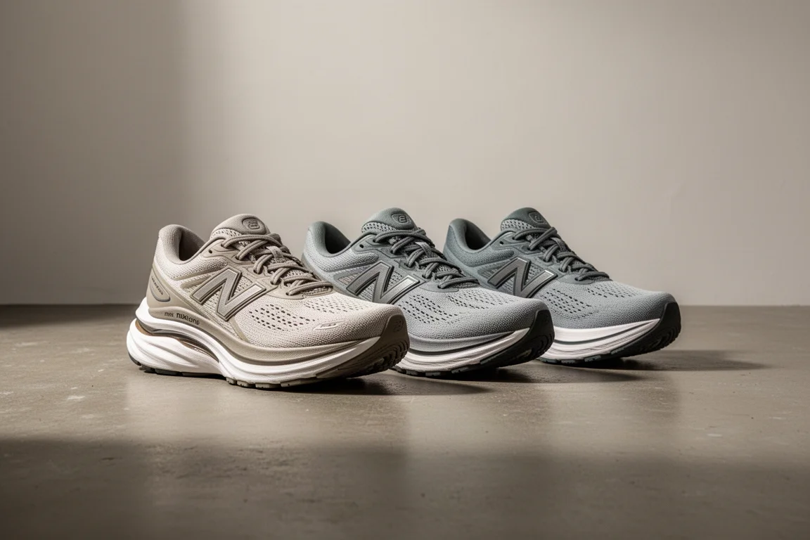 Side-by-side arrangement of four pairs of max-cushion running shoes on a concrete floor