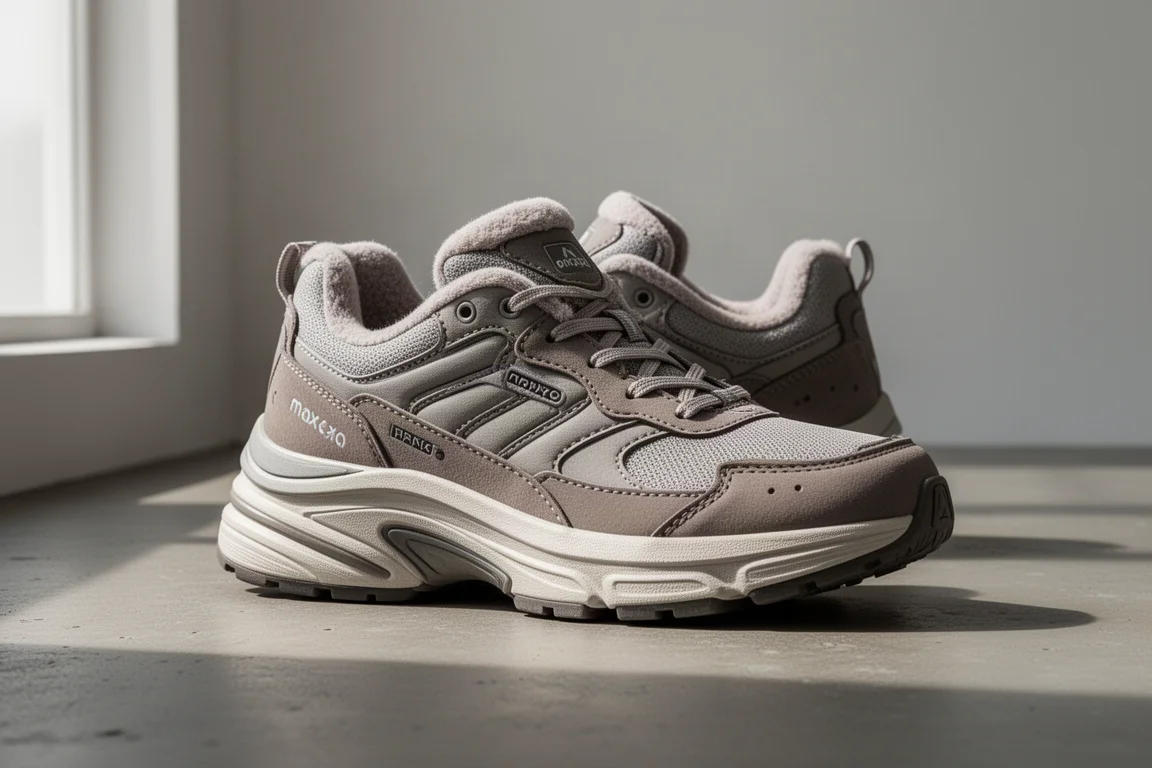 Pair of dark max-cushion running shoes with thick midsoles on concrete