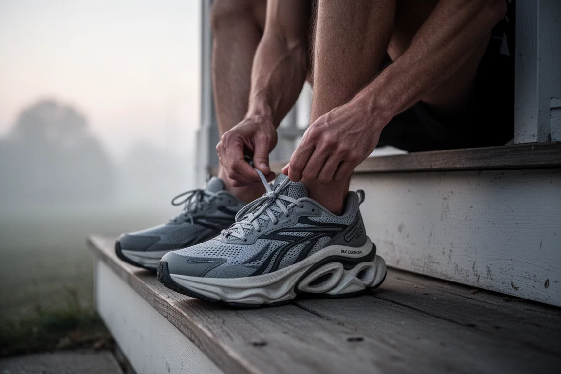Runner lacing up a chunky max cushion running shoe at dawn