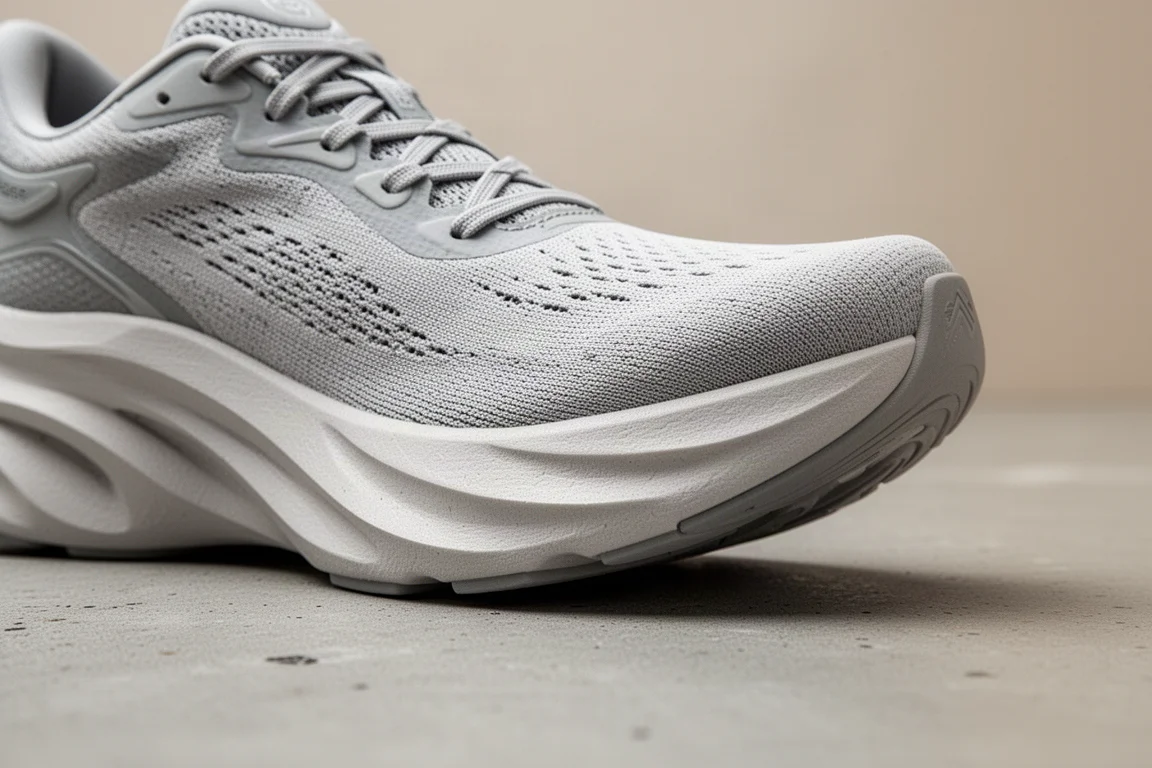 Close-up of an aggressive rocker midsole curving upward at the toe