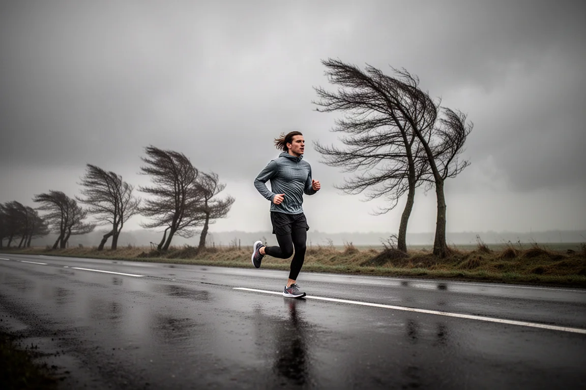 Runner moving along an open road in soft grey morning light
