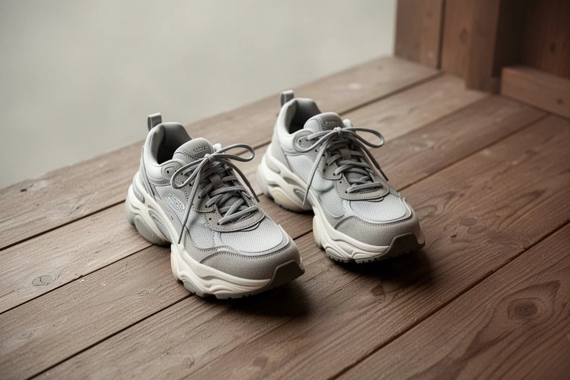 Two running shoes placed side by side on a cabin porch floor