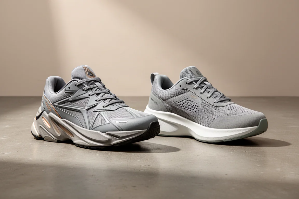 Two chunky max cushion running shoes side by side on a concrete surface