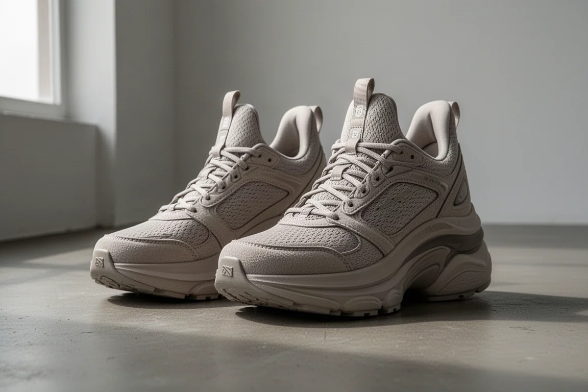 Zwei Premium-Laufschuhe mit maximaler Dämpfung nebeneinander auf einer Betonfläche