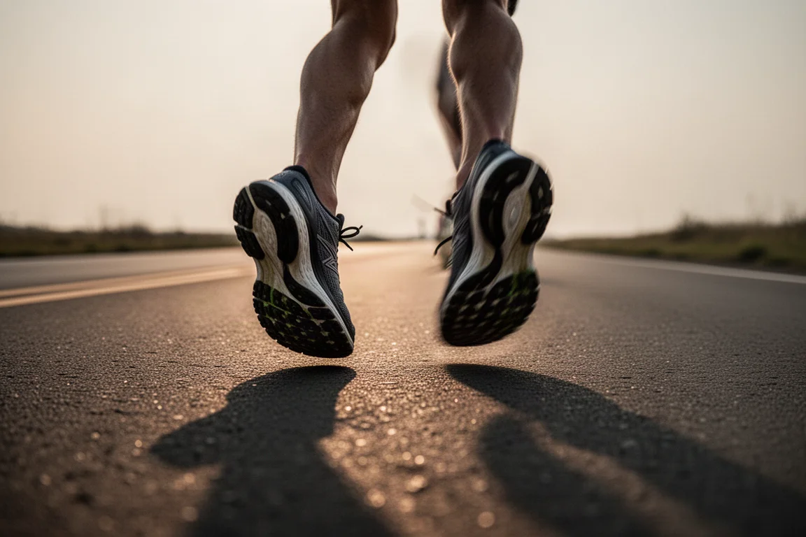 Füße eines Läufers, die bei einem lockeren Lauf in der Dämmerung auf einer ruhigen Straße landen