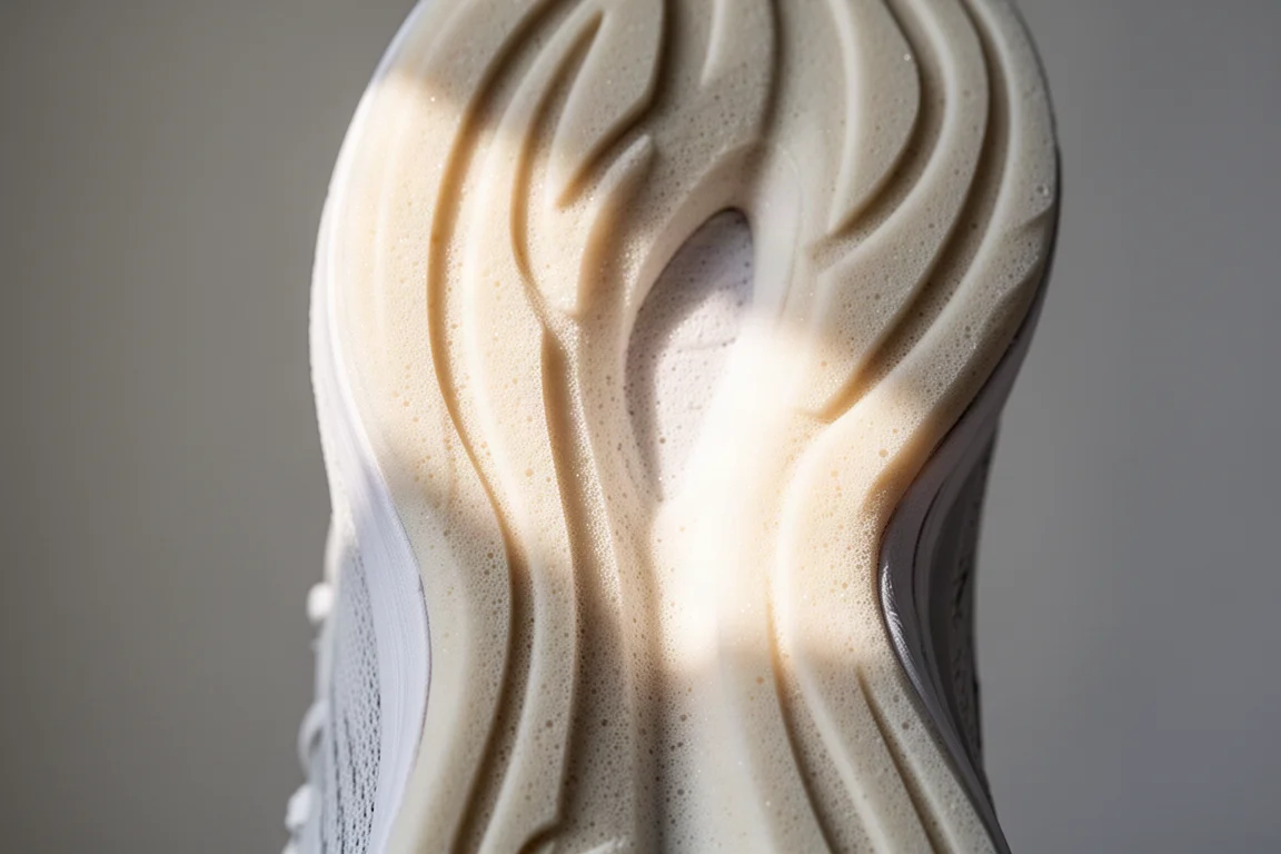 Primo piano di una intersuola spessa e scolpita di una scarpa da running con texture a strati