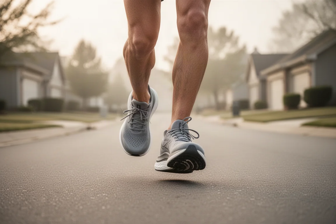 Piedi di un runner a metà falcata su una strada silenziosa asfaltata nella soffice luce del mattino