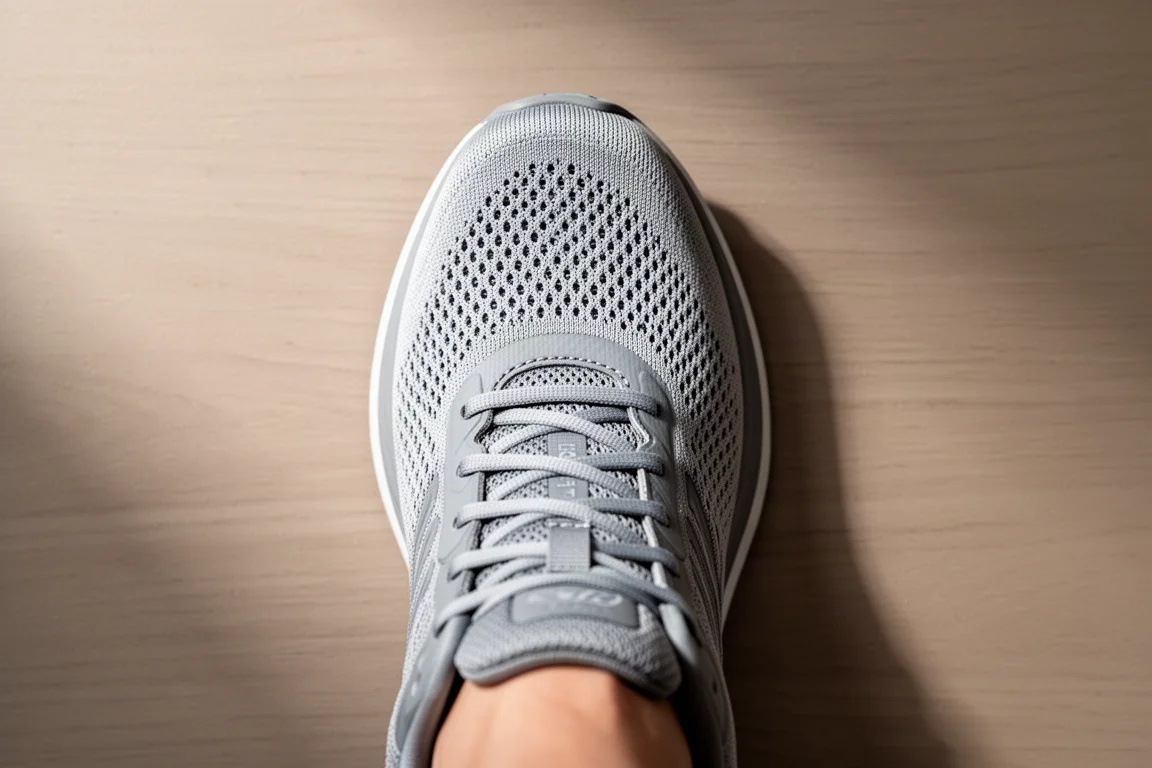 Zona punta ampia di una scarpa da running con tomaia in mesh leggero e flessibile