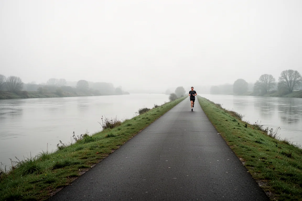 Runner su un lungo sentiero pianeggiante lungo il fiume in una mattina calma e coperta
