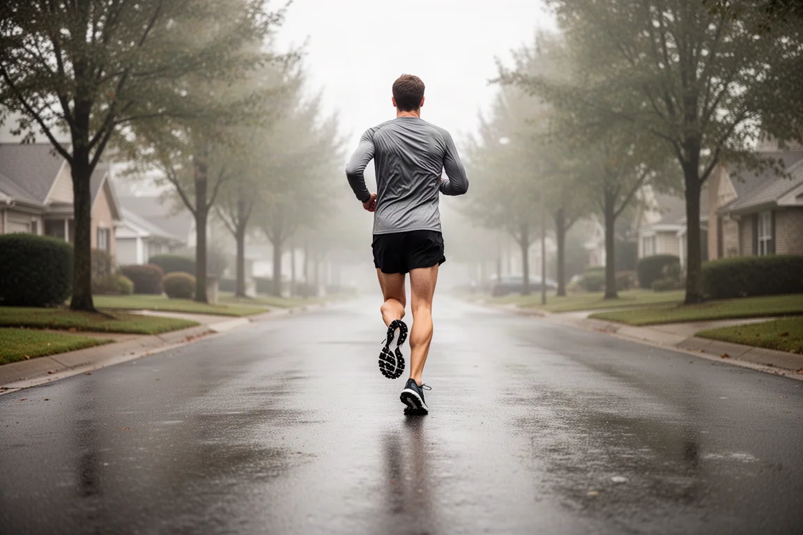 Runner che corre a ritmo facile e rilassato su una tranquilla strada suburbana nella luce soffusa del mattino