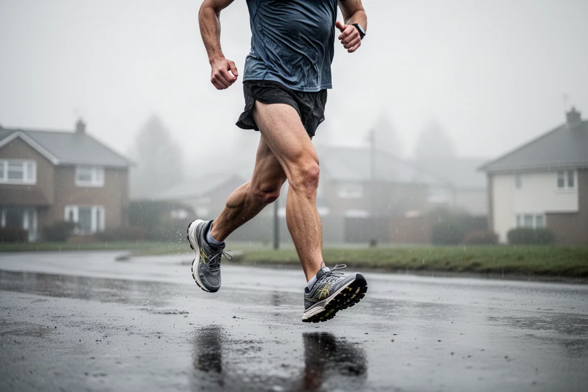 Runner che procede a ritmo facile durante un lungo su asfalto bagnato sotto un cielo grigio