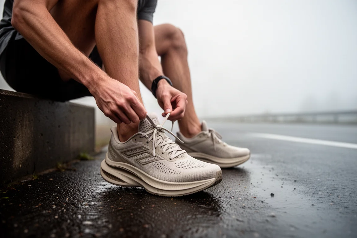 Runner che allaccia una scarpa da running ad alto stack su strada bagnata nella morbida luce del mattino