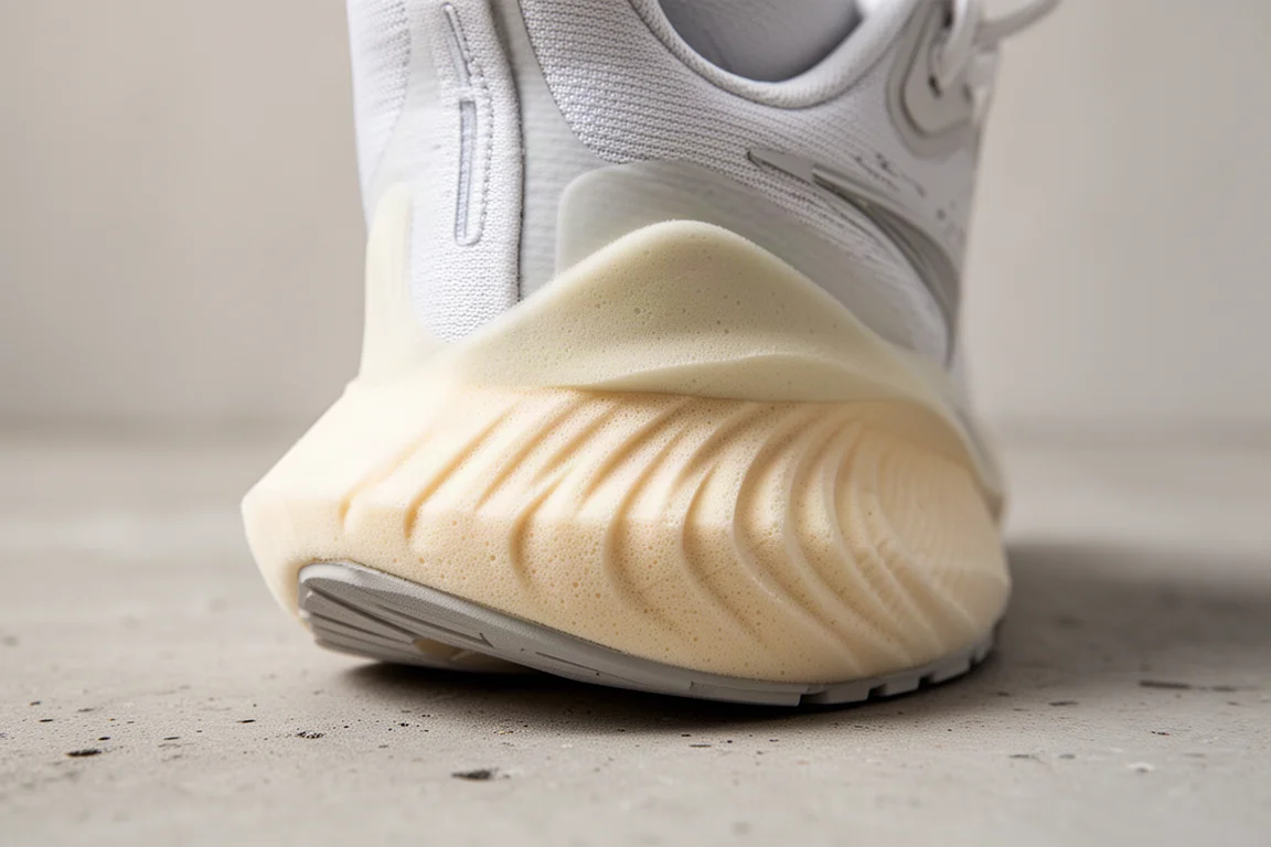 Primo piano della schiuma del midsole a doppia densità di una scarpa da running ad alto stack