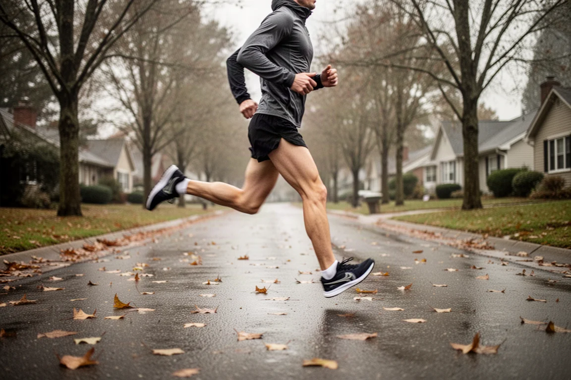 Runner che corre lungo una strada di periferia alberata con luce velata e morbida