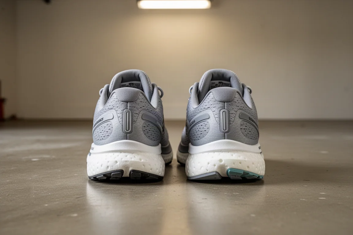 Due scarpe da running affiancate sul pavimento di un garage per un confronto delle specifiche