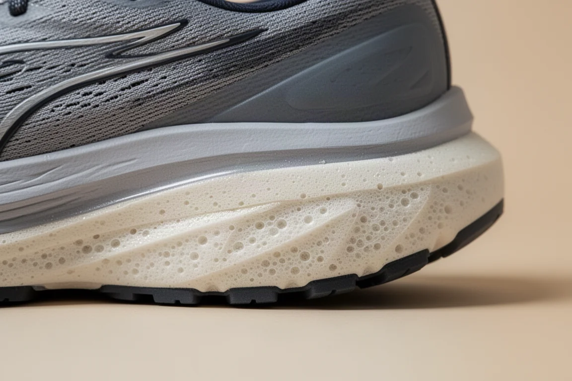 Close-up van een dikke tussenzool van een hardloopschoen met twee dichtheden