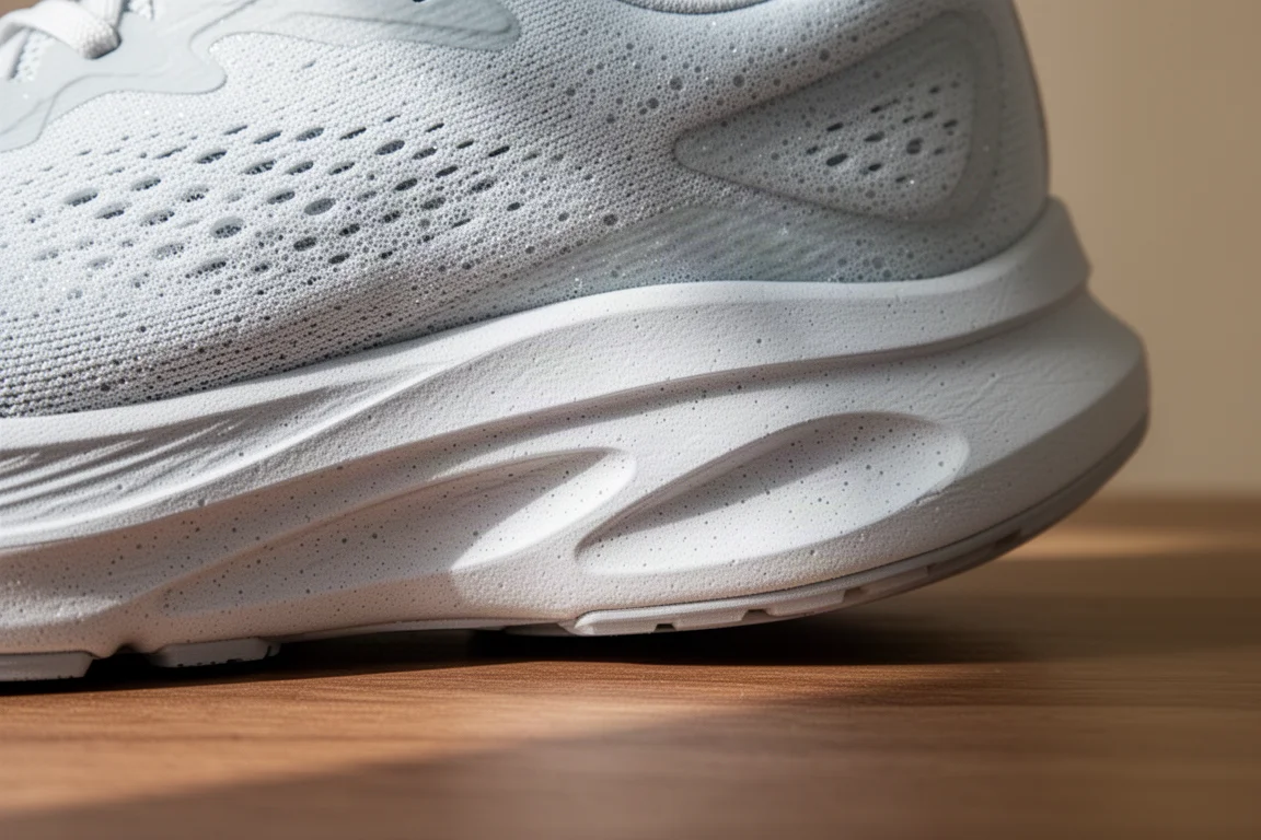 Close-up of a thick foam midsole on a cushioned running shoe