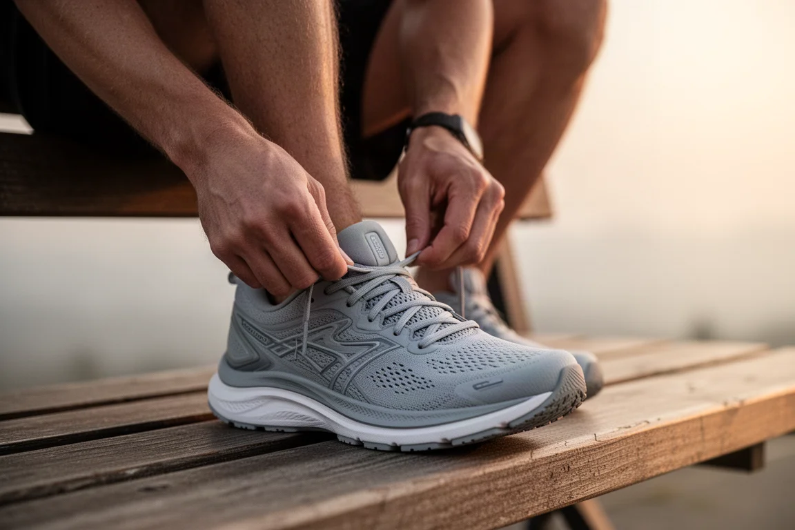 Runner tying the laces of a plush cushioned running shoe