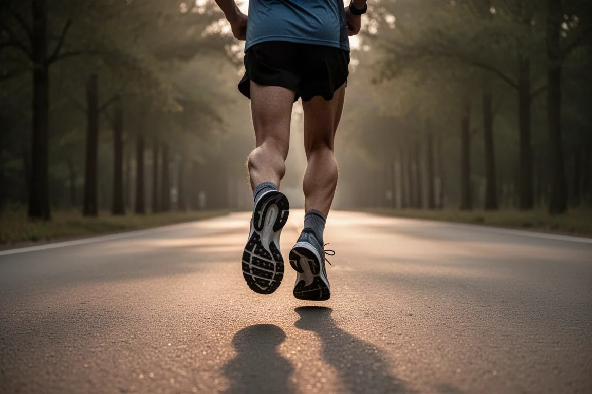 Runner moving through an easy-pace road run in soft evening light