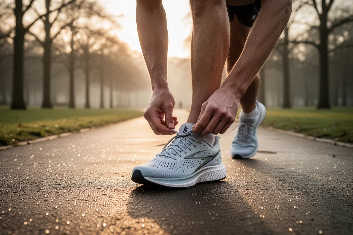 Runner lacing up a light gray lightweight running shoe on a morning sidewalk