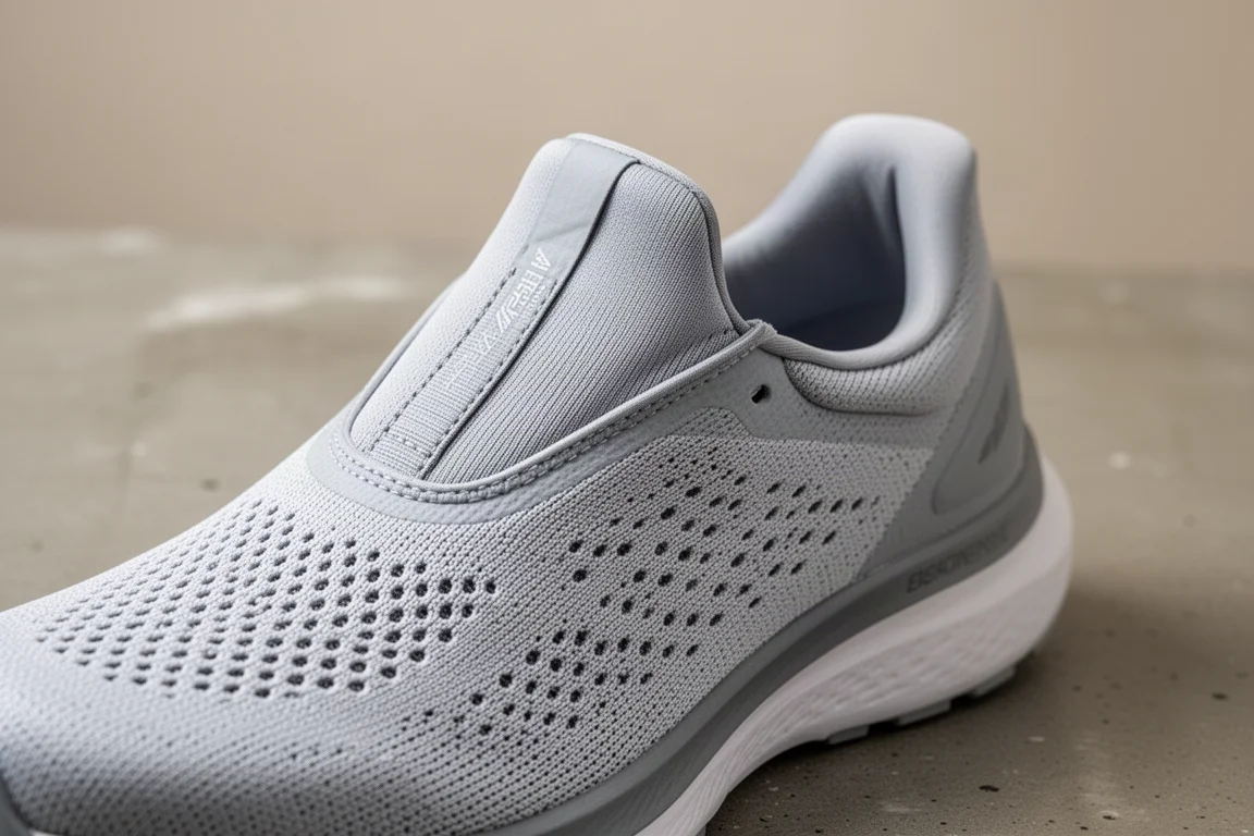 Close-up of a breathable mesh running shoe upper showing ventilation holes and a thin gusseted tongue