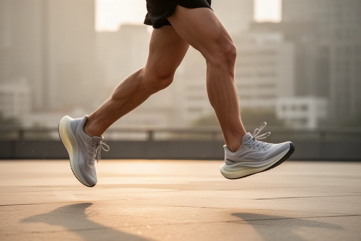 Runner's midfoot striking pavement in a lightweight running shoe during a tempo run