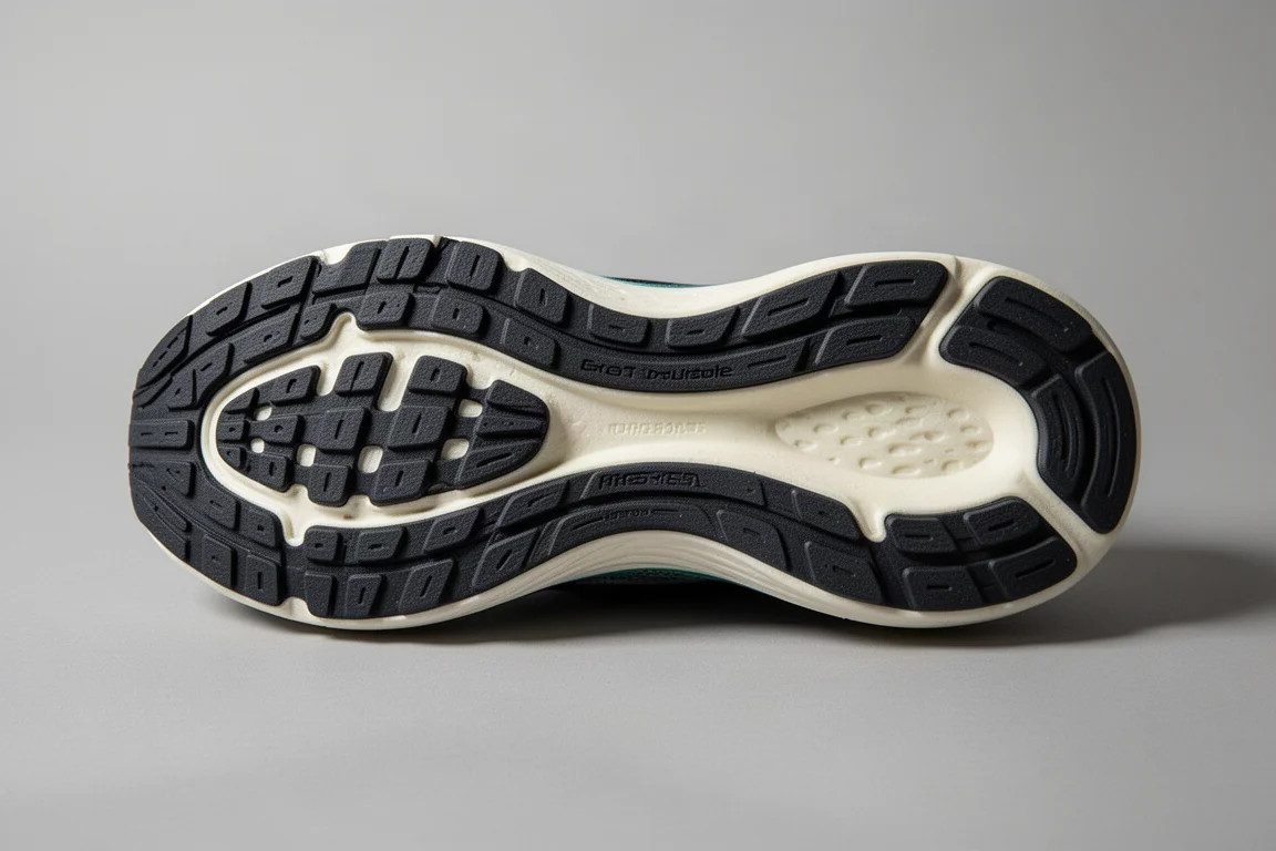 Durable rubber outsole of a running shoe showing generous rubber coverage on the forefoot