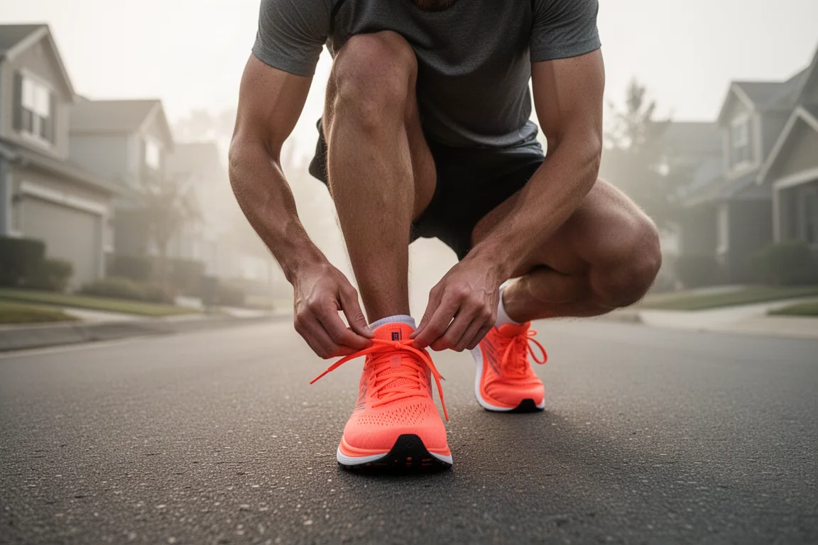Runner tying the laces of a lightweight orange running shoe on a quiet morning street